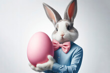 Bunny With Human Body In Blue Shirt And Pink Bow Tie Holding Big Pink Easter Egg On White Background. Ai Generative