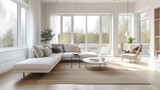 Fototapeta  - Scandinavian living room with a focus on eco-friendly design, light wood furniture, green plants, and large, sunlit windows