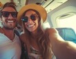 © Johnathan - Couple Taking Selfie in Airplane Celebrating Vacation Getaway Generative AI