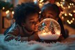 African american boy and girl lying and looking at illuminated christmas snow globe at home