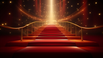 Wall Mural - Red carpet on the stairs on dark background, the way to glory, victory and success