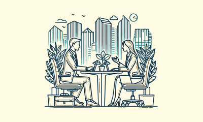 Wall Mural - An office scene portrayed through vector illustration, showcasing a businessman and woman actively engaged in consecutive business meetings, highlighting their professional collaboration.