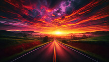 Highway To Horizon At Sunset - Straight Highway Leading Towards The Horizon A Dramatic Sky.