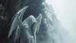 A hooded angel its wings folded tightly around its body emerging from a smoky portal in the side of a mountain that is said to hold the key to vast mystical powers.