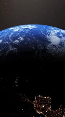 Wall Mural - vertical video of planet earth slowly rotating revealing day to night concept with bright city light
