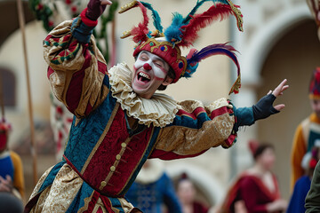 Sticker - Show a medieval court jester performing in a royal court. The jester is entertaining nobles with humor - acrobatics - and music