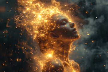 woman's profile enveloped in a celestial glow, resembling a cosmic entity