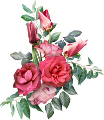 Wall Mural - Red roses and tulips isolated on a transparent background. Png file.  Floral arrangement, bouquet of garden flowers. Can be used for invitations, greeting, wedding card.