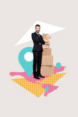 Sticker - Vertical collage illustration poster image handsome happy smile young man stand courier delivery service order unusual colorful template