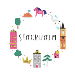 Wall Mural - Colorful image, frame art, circle design with animals, landmarks, symbols of Stockholm city, Sweden