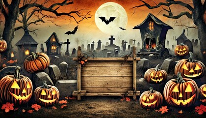 Wall Mural - halloween background with pumpkin and bats