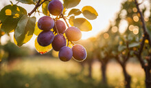 Plum Tree With Ripe Plum Fruit. Branches With Juicy Fruits On Sunset Light. Close Up Of The Plums Ripe On Branch. Organic Plums Tree In An Orchard. Plum Branch Tree.