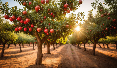 Wall Mural - Red ripe pomegranate fruits grow on pomegranate tree in a garden, ready for harvest. Punica granatum fruit. Organic agriculture.