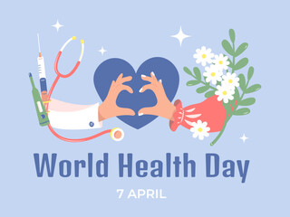 World Health Day. Doctor and patient connection. Hand heart. Flat vector illustration, purple background