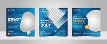 Gym Promotional Social Media Post, Fitness Club Square Flyer Web Banner Instagram Ads Blue Color Template Set, Shape Your Body Motivation Design, Yoga Training Center Advertising Poster Bundle.