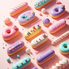 Wall Mural - Colorful delicious eclairs on a pastel pink background. Tasty dessert food for coffee break concept in minimalism style. Realistic 3D render. Wide screen wallpaper, for design and banners.