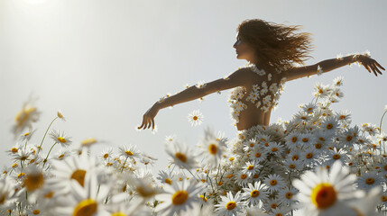 Beautiful young woman dancing with daisy flowers.