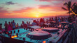 © amila - Beach party festival with dj mixing, Close up portrait of dj mixer table with beautiful evening sunset at tropical beach