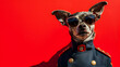 Bold Hound Dog in Military Attire on Red Background