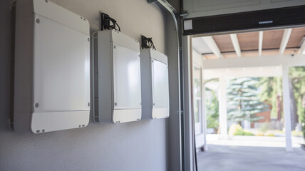 Electric car battery pack on wall in home of garage