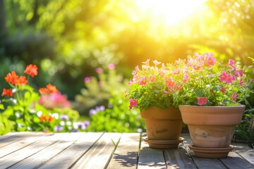 Gardening background with flowerpots in sunny spring or summer garden