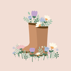 Wall Mural - Flat hand drawn vector illustration of cute pastel boots with wild flowers. Decorative element for card, postcard, sticker, banner, invitation, social media poster. Wedding, birthday, love concept