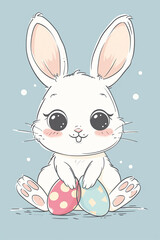 Beautiful white Easter bunny with decorated Easter eggs on a sky blue background. Greeting card design.