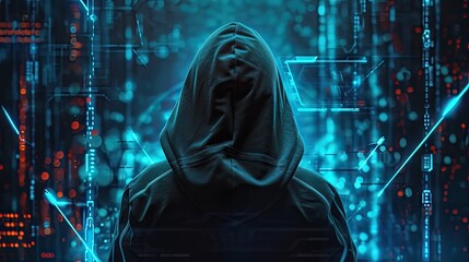 Hooded hacker in front of digital background with binary code. Hacking concept