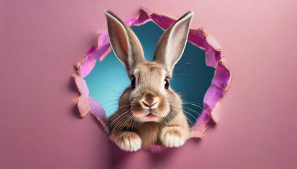Wall Mural - Bunny with sunglasses peeking out of a hole in pink wall, fluffy eared bunny easter bunny banner, rabbit jump out torn hole