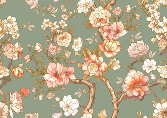 Wall Mural - Blossom trees with rose, peony, chrysanthemum, Seamless pattern, background. Vector illustration. In Chinoiserie, botanical style