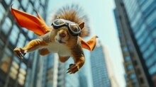 A Brave Squirrel In A Superhero Cape And Goggles, Leaping Between City Buildings