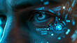 Closeup of a human eye with blue digital cyber electronic light technology