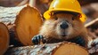 A diligent beaver in a construction helmet and safety goggles, building a wooden lodge