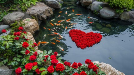 Wall Mural - Traditional Japanese garden setting with a heart made of red roses beside a tranquil koi pond background