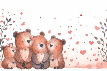 Wall Mural - Cute teddy bears with plants with hearts growing for valentine's day Generative AI