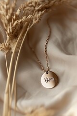 necklace with 'mom' engraved pendant on a soft fabric