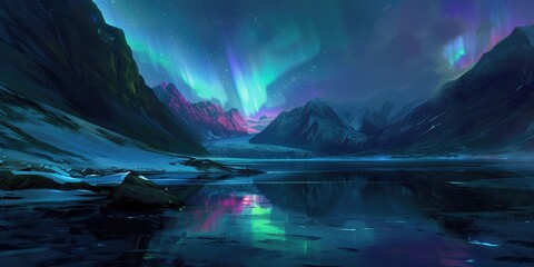 generative ai, green and pink northern lights above snowy mountains, winter landscape, aurora and re
