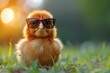 Happy Easter greeting card, poster with cute smiling chicken cartoon style in sunglasses on the grass