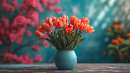 Wall Mural - a vase with pink flowers