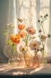 Spring Flowers in vases against the background of playing shadows. Floral harmony, still life in glassware, play of light and shadow on the table.