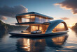 Futuristic eco-friendly smart home floating on water, concept of building modern floating houses