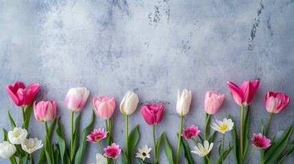 Wall Mural - flowers and green leaves on a blue background