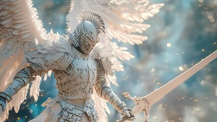 Wall Mural - a powerful armored angel with six wings and a flaming sword reflecting the role of angels as warrior