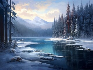 Wall Mural - A serene frozen lake, with a layer of snow covering the ice and distant evergreen trees in the background.