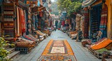 Fototapeta Uliczki - Old narrow street of the traditional Arabian Bazaar Market. Small shops are selling ceramics, carpets, spices fruits and souvenirs