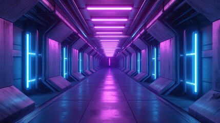 Wall Mural - Grunge Sci-Fi corridor with neon lighting