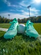top view of soccer ball with pair of sports shoes on grass