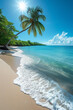 Tranquil Tropical Beach scape.
A serene beach with a single palm tree on a sunny day, embodying peace and natural beauty