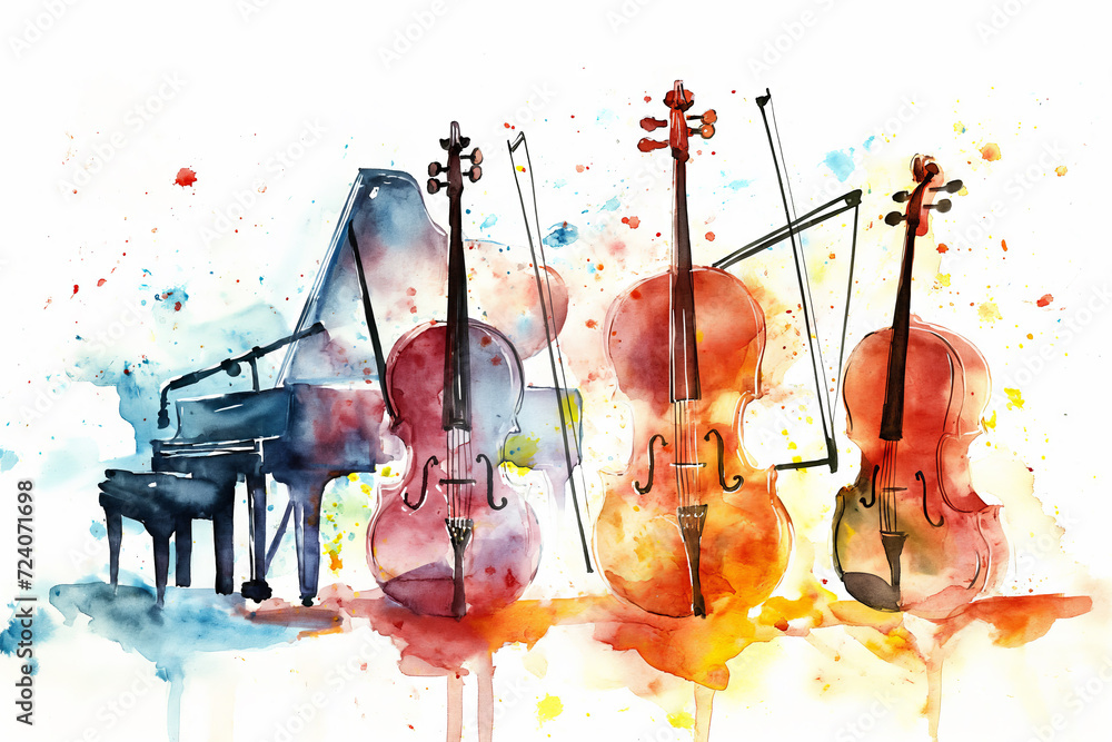 Colorful watercolor illustration of musical instruments. Music school ...