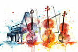 Colorful watercolor illustration of musical instruments. Music school wallpaper. 